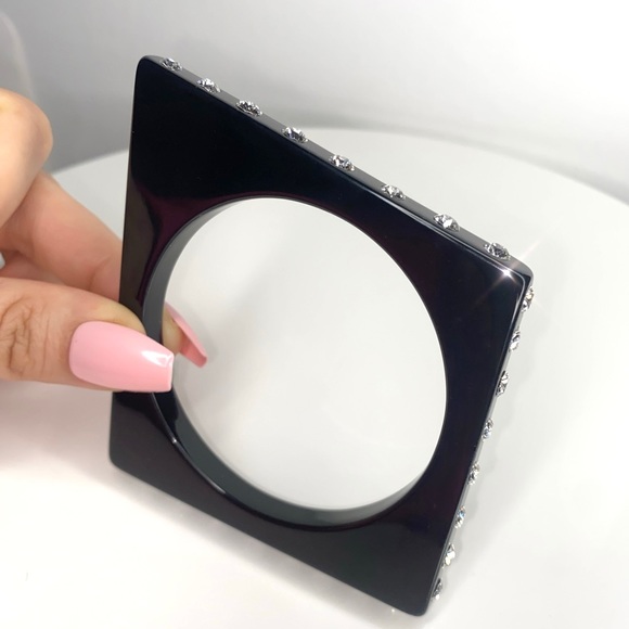 Black Acrylic Bangle Bracelet, Geometric Shaped, Swarovski Crystal Rhinestones - Picture 12 of 14